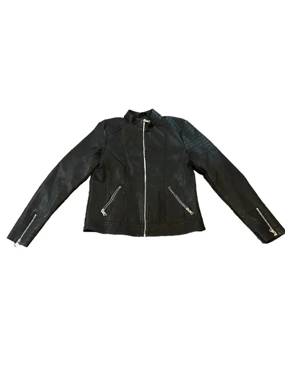 Baccini Black Faux Leather Moto Jacket Womens S Zip Biker Coat Edgy Layering